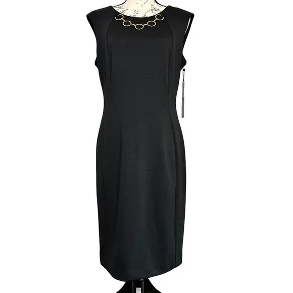 Calvin Klein | Dresses | Calvin Klein Nwt Black Sleeveless Sheath Dress W Gold  Chain Accent Size | Poshmark